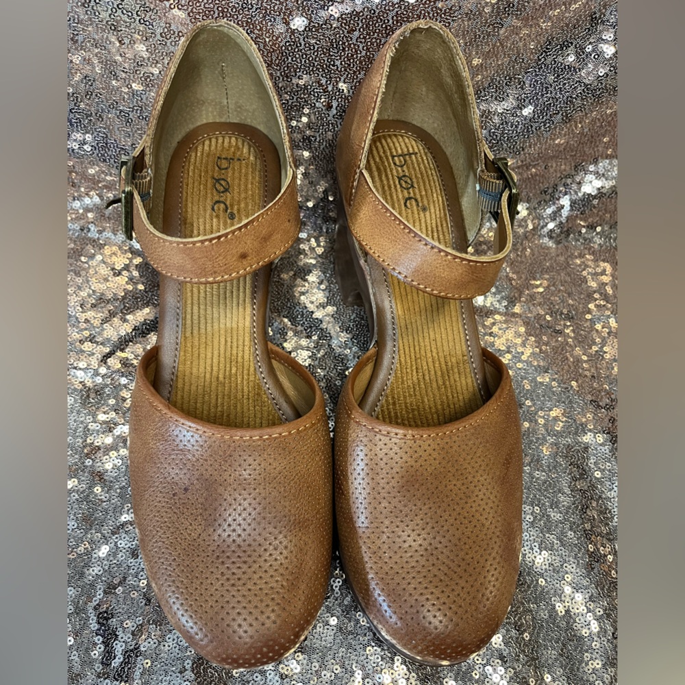 B.O.C. Gia brown perforated leather slide buckle clog